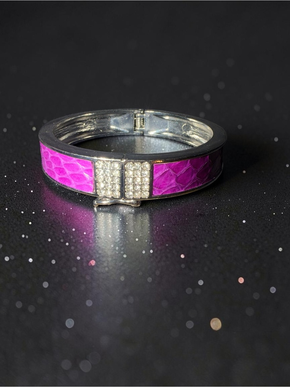 Pink Snakeskin Print Rhinestone Silver Tone Hinged Bangle Bracelet